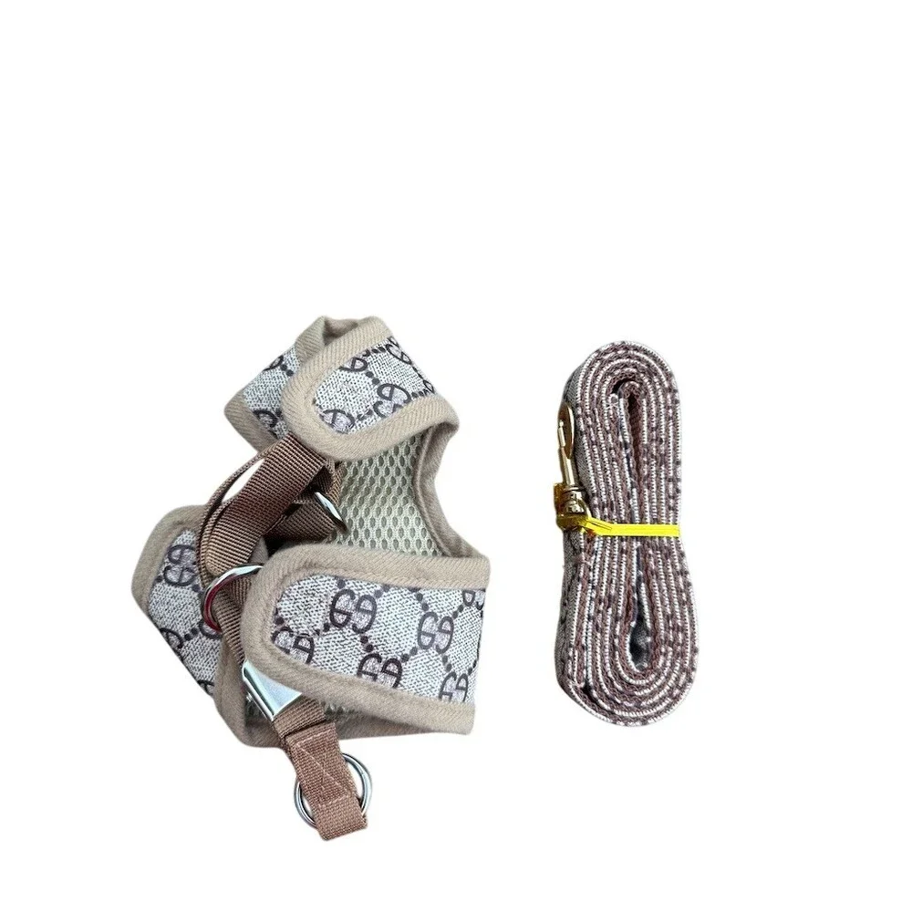 Print Soft Faux Leather Dog Harness Vest & Matching Leash Set Beige Tan S